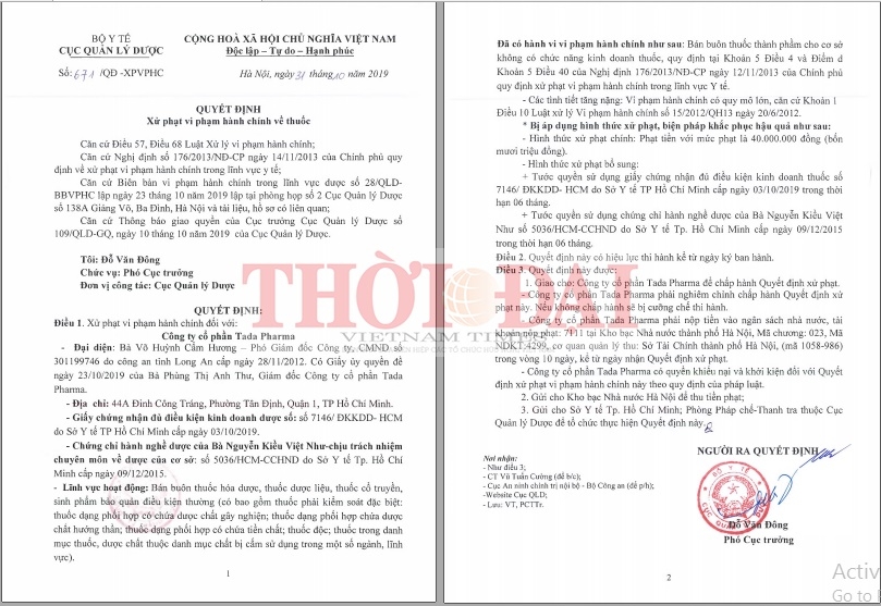 cong ty cp duoc vtyt nghe an va cong ty cp tada pharma dinh phat khung tuoc giay phep 8 thang