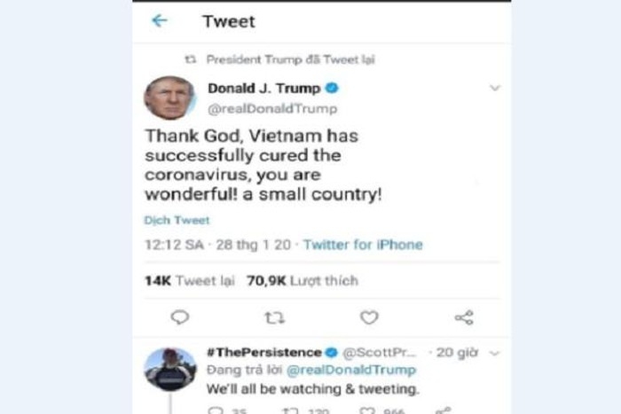 tong thong donald trump danh loi khen viet nam sau khi chua thanh cong mot benh nhan nhiem virus corona
