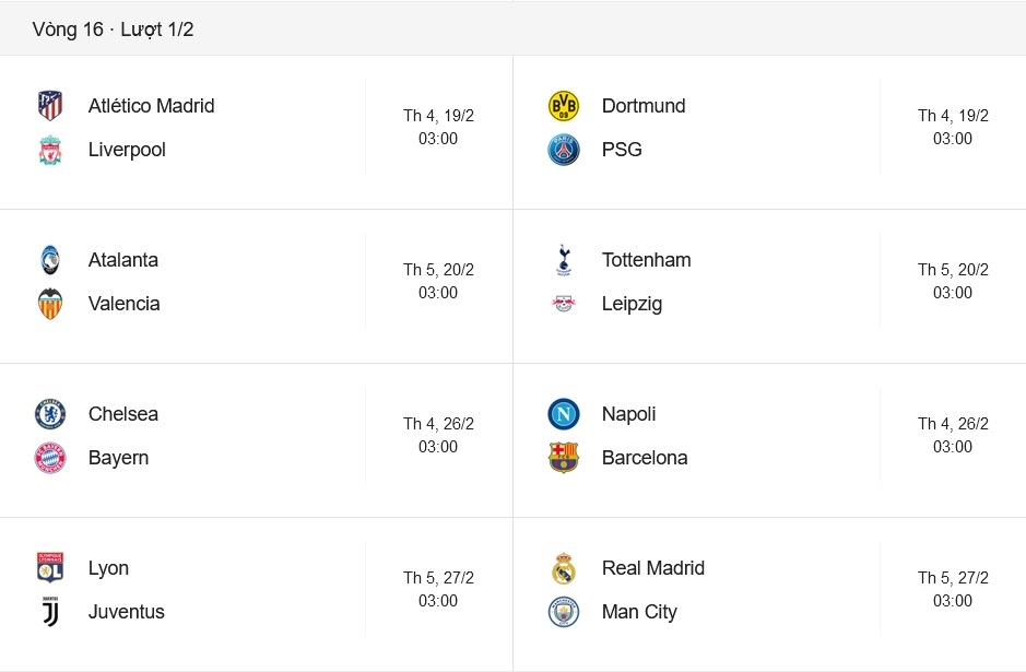 lich thi dau luot di vong 18 cup c1 chau au champions league 2020 moi nhat