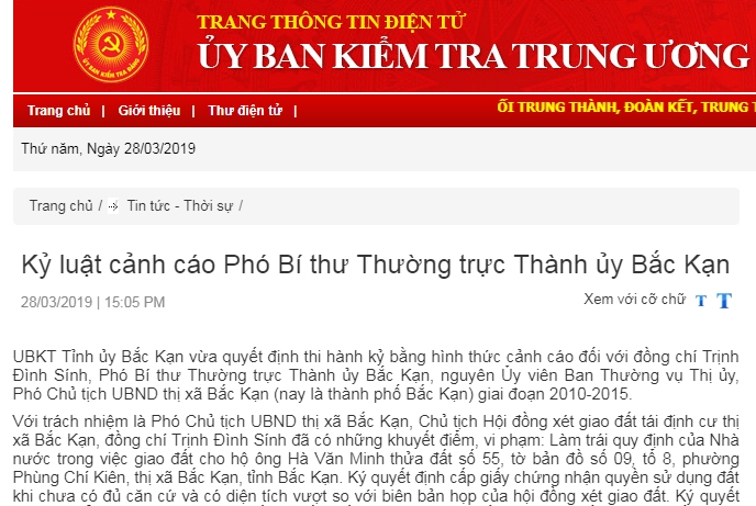 vi sao pho bi thu thuong truc thanh uy bac kan bi ky luat canh cao
