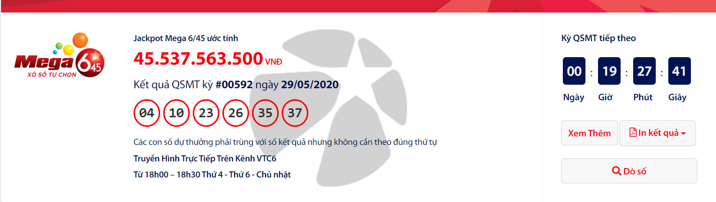 ket qua xo so vietlott mega 645 toi ngay 1062020 no hon 62 ti dong