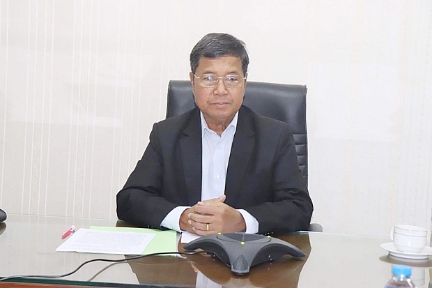 Chủ tịch Trung ương Hội hữu nghị Lào - Việt Nam Khăm-bảy Đăm-lắt phát biểu tại buổi Điện đàm (ảnh: Soukpanya)