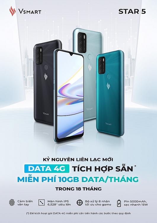 Với việc tích hợp DATA 4G miễn phí, Vsmart Star 5 trở thành điện thoại kèm DATA 4G miễn phí tiên phong tại Việt Nam.
