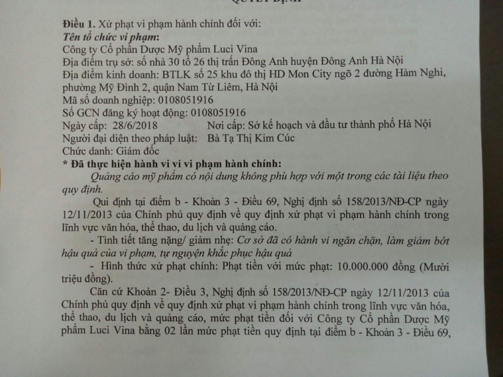phat 20 trieu dong voi my pham luci one vi quang cao sai su that