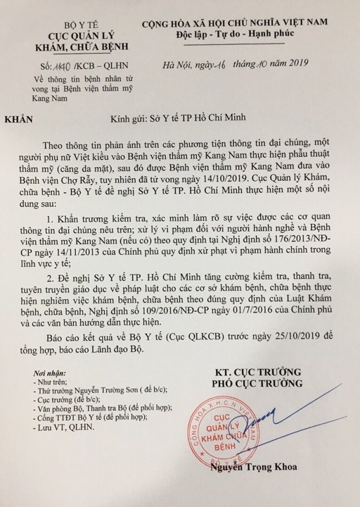 bo y te yeu cau lam ro nguyen nhan nu viet kieu tu vong tai benh vien tham my kangnam