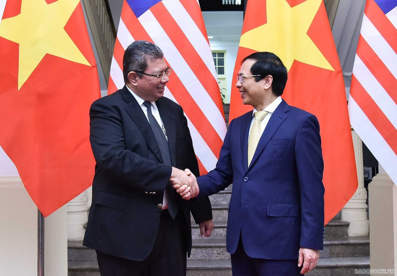 Bộ trưởng Ngoại giao Bùi Thanh Sơn đón và hội đàm với Bộ trưởng Ngoại giao Malaysia Saifuddin Abdullah. Ảnh: Báo Thế giới và Việt Nam