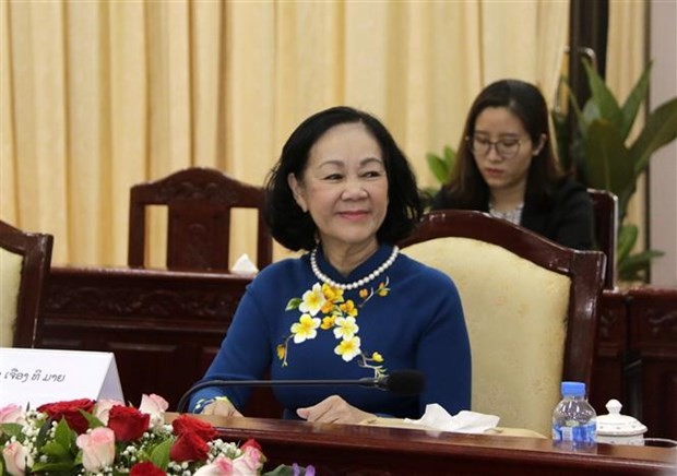 Trưởng Ban Tổ chức Trung ương Trương Thị Mai làm việc tại Lào. Ảnh: Phạm Kiên/TTXVN