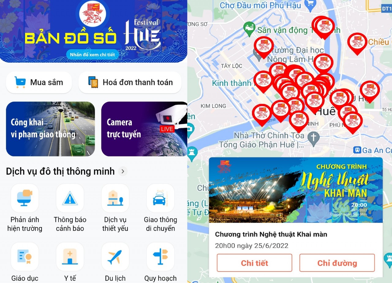 Giao diện Bàn đồ số Festival Huế trên ứng dụng Hue-S.