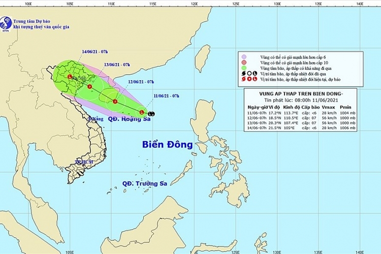Vị trí, hướng đi của áp thấp trên biển Đông (Nguồn: NCHMF)