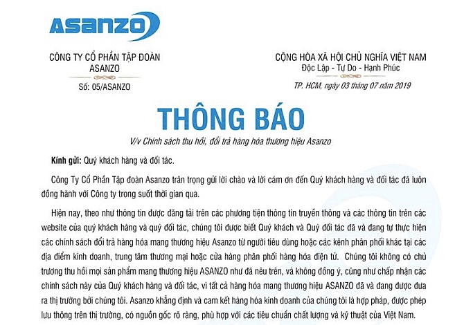 dien may xanh nguyen kim thu hoi san pham asanzo tu choi trach nhiem