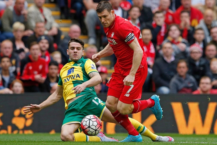 Norwich (vàng) bị đánh giá thấp hơn Liverpool dù được chơi trên sân nha