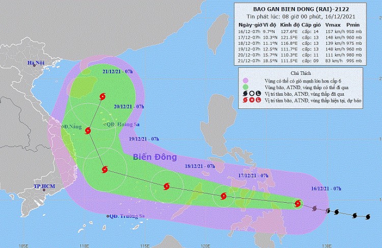 Dự báo vị trí và đường đi của bão Rai (Ảnh NCHMF)