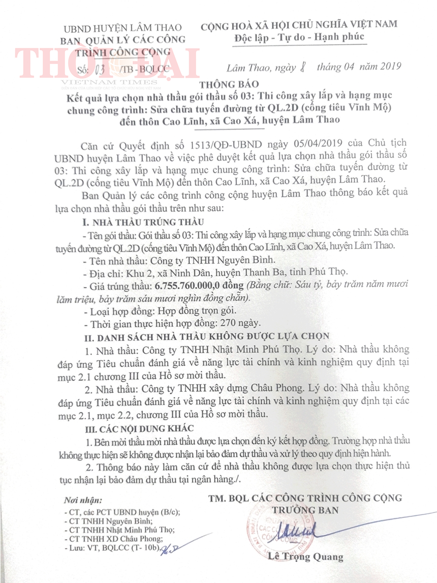 phu tho vi sao mot so goi thau hang ty dong o huyen lam thao trung thau sat gia