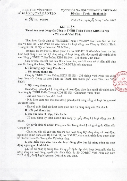ket luan thanh tra chi ra nhieu vi pham day ky nang song cua thien tuong kids tai vinh phuc