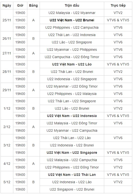 lich truc tiep bong da nam sea games 22 tren vtv6 vtv5 vtv2