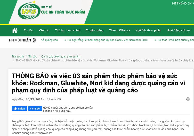Cục An toàn thực phẩm cảnh báo Rockman, Gluwhite, Nori Kid vi phạm quy định quảng cáo