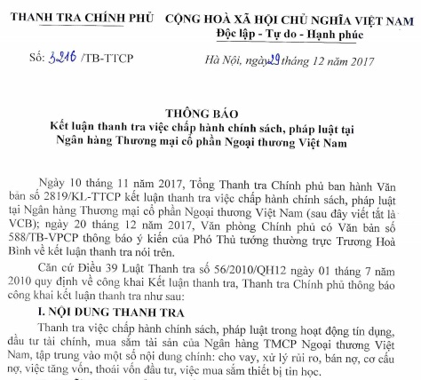 no co kha nang mat von tren 3000 ty dong vietcombank bi thanh tra chinh phu boc phot nhieu sai pham nghiem trong