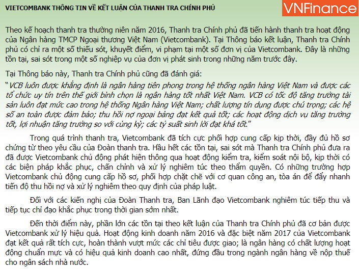 no co kha nang mat von tren 3000 ty dong vietcombank bi thanh tra chinh phu boc phot nhieu sai pham nghiem trong