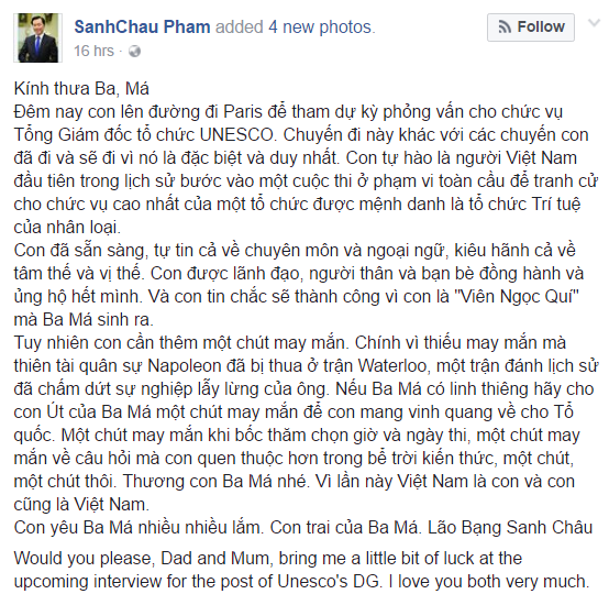 dai su pham sanh chau chia se buc thu gui ba me truoc khi tham du ky phong van cho chuc vu tong giam doc unesco