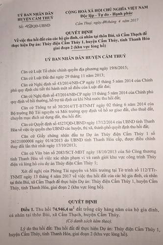 du an thuy dien cam thuy 1 cam thuy thanh hoa nguoi dan khong dong y voi phuong an boi thuong