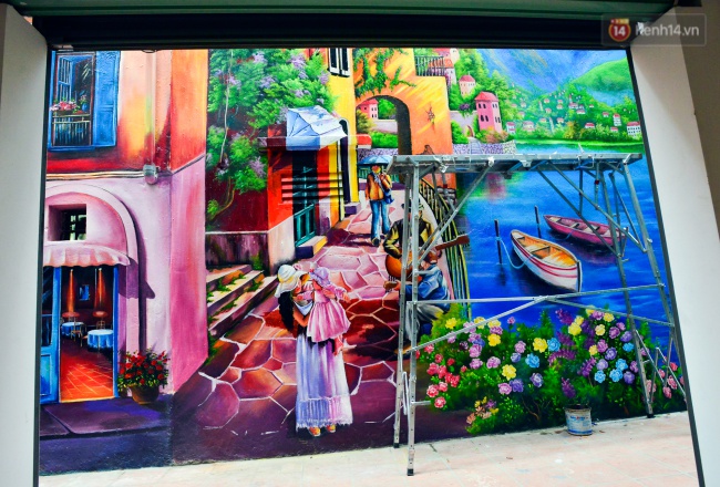 ngam buc tranh tuong 3d phong canh goc pho venice day mau sac trong ngo nho ha noi
