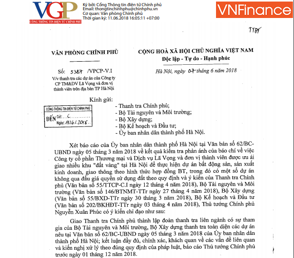 thanh tra toan dien cac du an cua tap doan la vong o ha noi