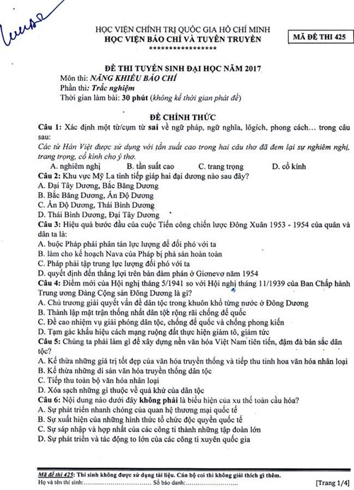 de thi nang khieu bao chi nam 2017 cua hoc vien bao chi