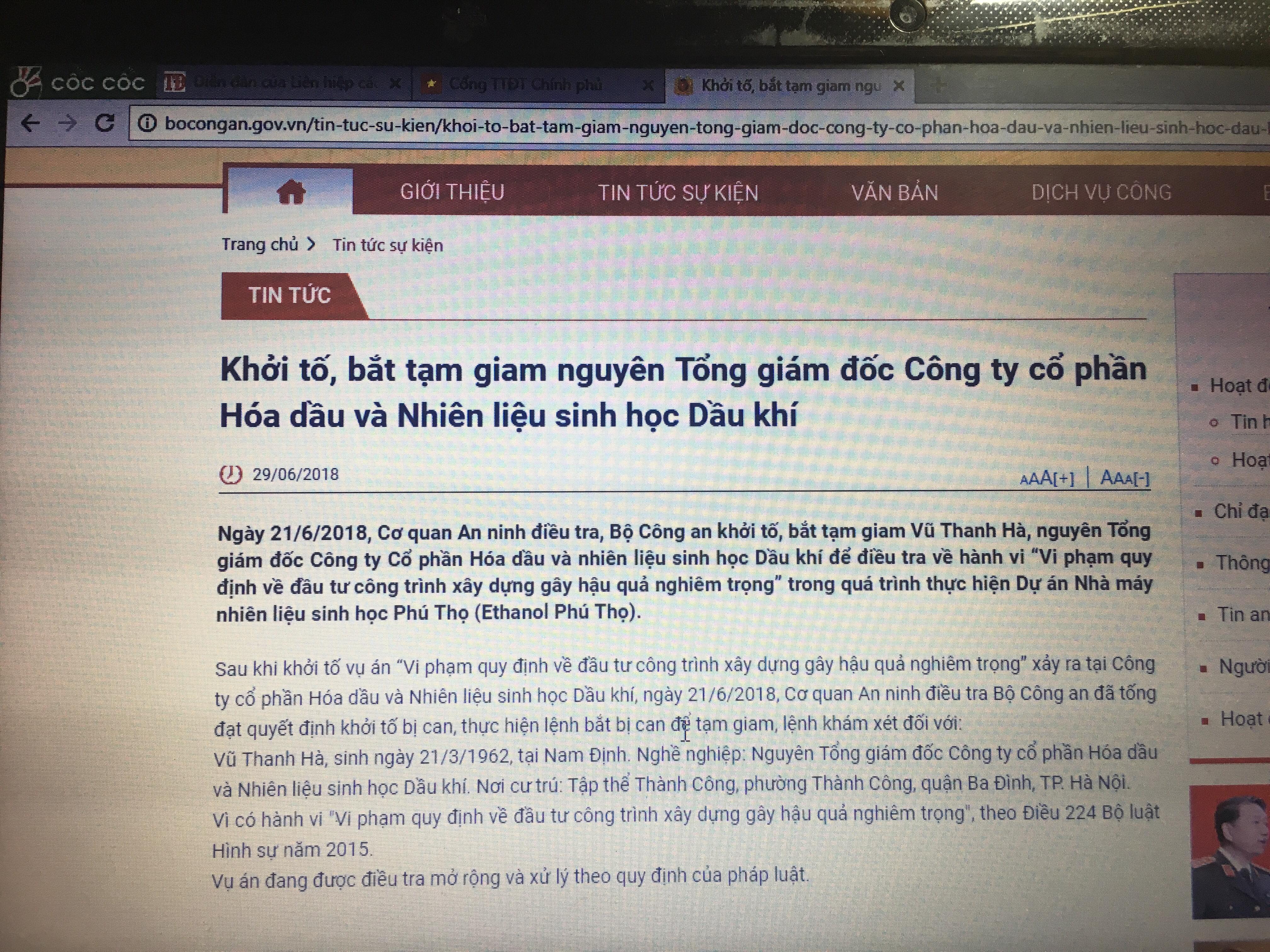 khoi to bat tam giam lanh dao du an ethanol phu tho