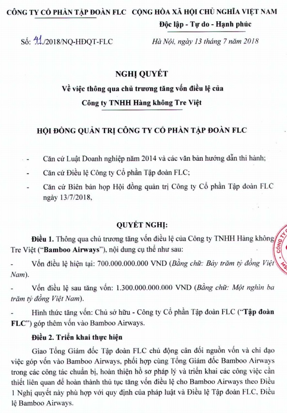 flc gop them 600 ty vao bamboo airways nang von dieu le len 1300 ty dong