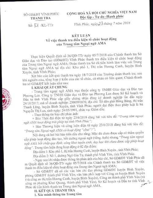 vinh phuc thanh tra so gddt da vao cuoc xu ly trung tam ngoai ngu ama hoat dong trai phep