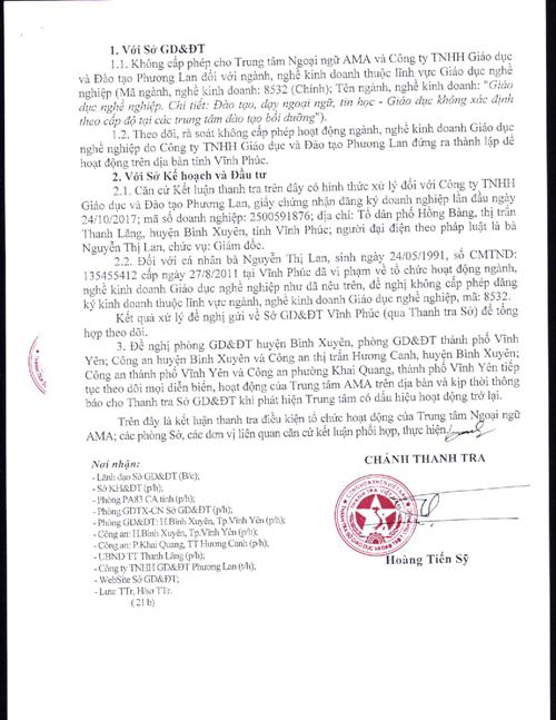 vinh phuc thanh tra so gddt da vao cuoc xu ly trung tam ngoai ngu ama hoat dong trai phep