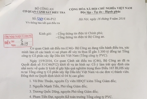 khoi to vu an hinh su vu thua lo hon 3000 ty tai tong cong ty xay lap dau khi