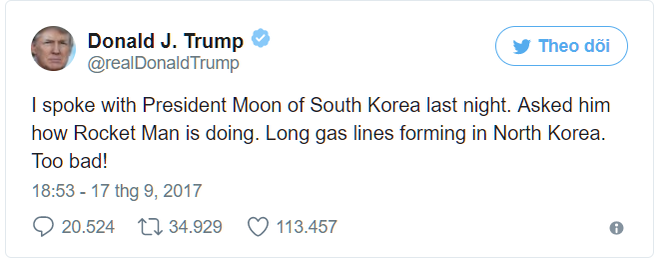 tong thong trump len twitter goi lanh dao trieu tien kim jong un la nguoi ten lua
