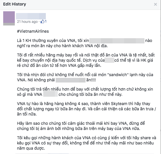 chat luong bua an nhe cua vietnam airlines va cach che bai gay tranh cai cua mot hanh khach