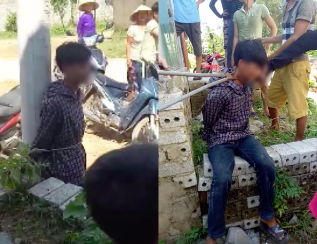 xon xao clip nam thanh nien trom ga bi nguoi dan dung kim kep co troi vao cot dien