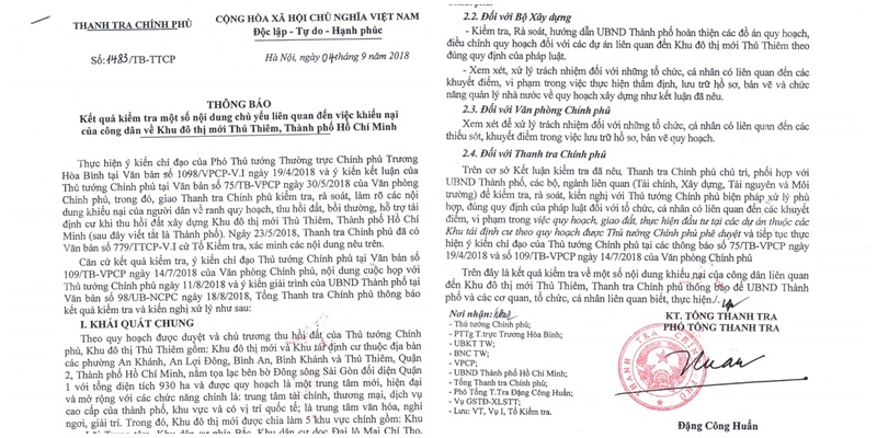 thanh tra chinh phu cong khai ket luan thanh tra ve khu do thi thu thiem