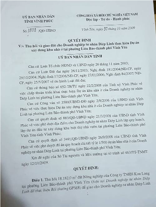 vinh phuc bieu hien khac thuong trong quyet dinh thu hoi va giao dat du an xay dung khu nha o diep linh