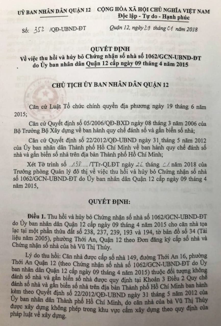tphcm ubnd quan 12 thua kien tai toa so tham vi ra van ban chua dung quy dinh