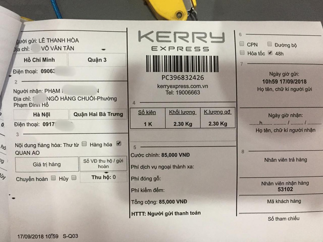 ntk le thanh hoa buc xuc vi cong ty kerry express lam that lac goi buu pham tri gia hon 65 trieu dong nhung chi den 320k