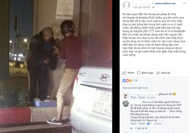 giua troi ha noi mua ret chang trai tre nhuong ao khoac cho cu ong ngoi ben duong