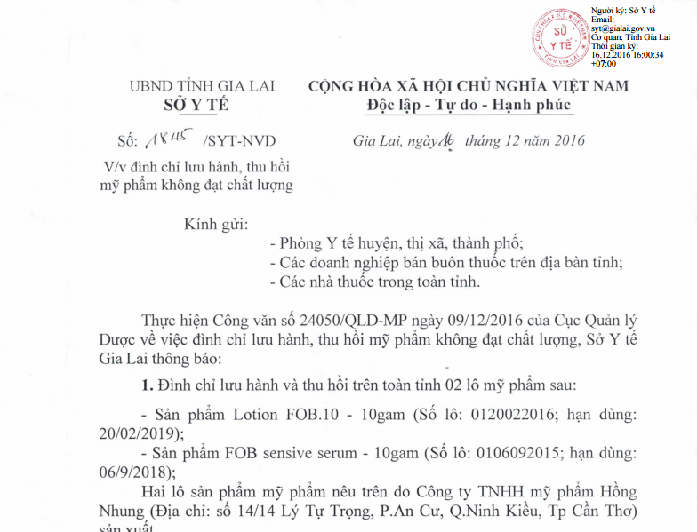 thu hoi 2 lo my pham kem chat luong cua my pham hong nhung
