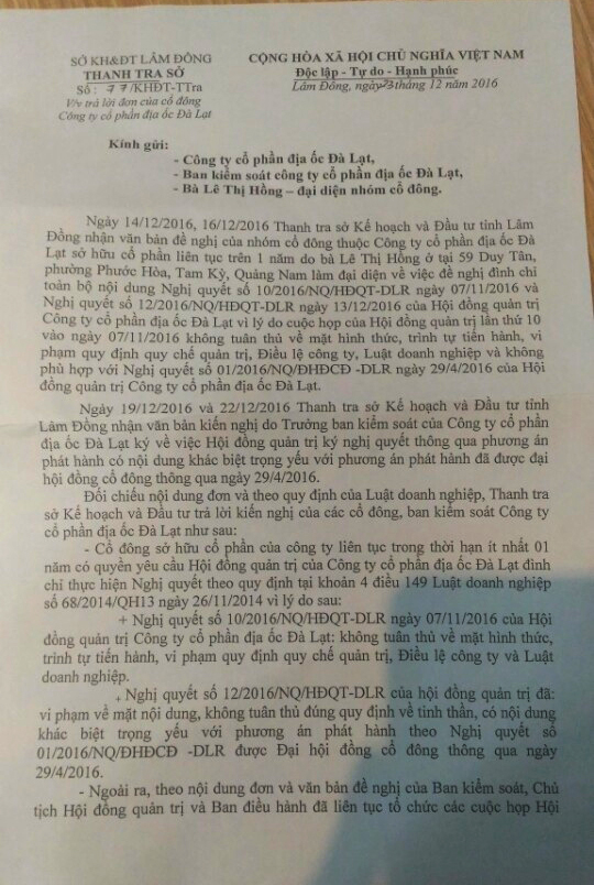 thanh tra lam dong tuyt coi 2 nghi quyet cua dlr vi pham luat