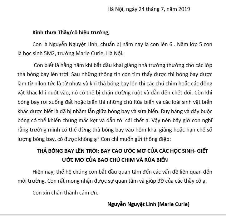 xuc dong buc thu hoc sinh lop 5 gui thay co co the dung tha bong bay vao hom khai giang khong a