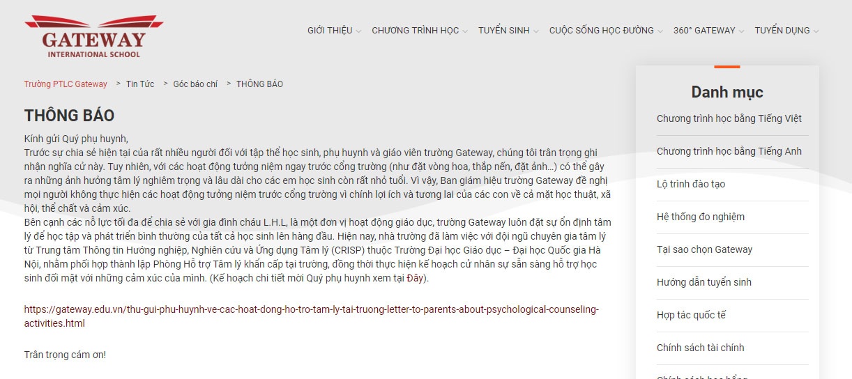 tranh cai xoay quanh viec to chuc le tuong niem be lop 1 o cong truong gateway