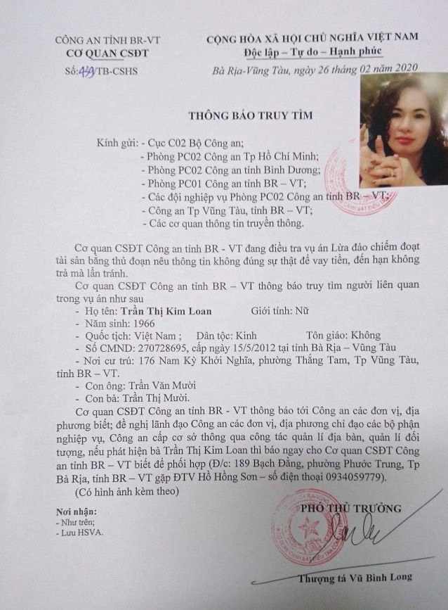 Công an truy tìm vợ nguyên Giám đốc Sở Nội vụ Bà Rịa-Vũng Tàu bị tố lừa đảo