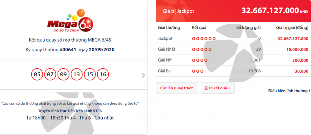 Kết quả xổ số Vietlott Mega 6/45 tối 23/9/2020: Gần 36 tỷ đồng 