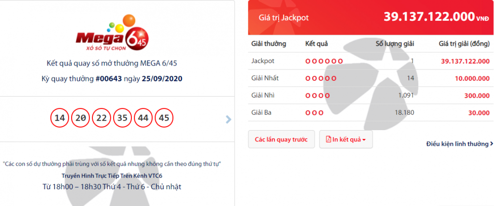 ket qua xo so vietlott mega 645 toi 2792020 bat dau lai tu 12 ti dong